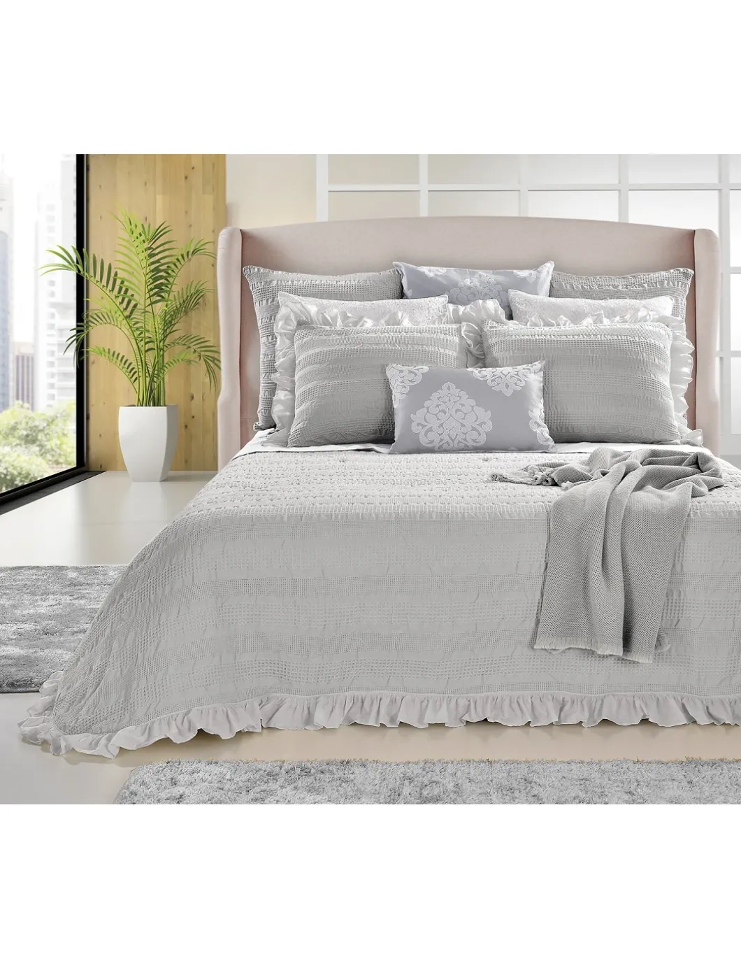 200X260 CM - COLCHA DE VERÃO COM FOLHOS - COLCHA NINHO DE ABELHA- COLCHA DE VERÃO COR CINZA