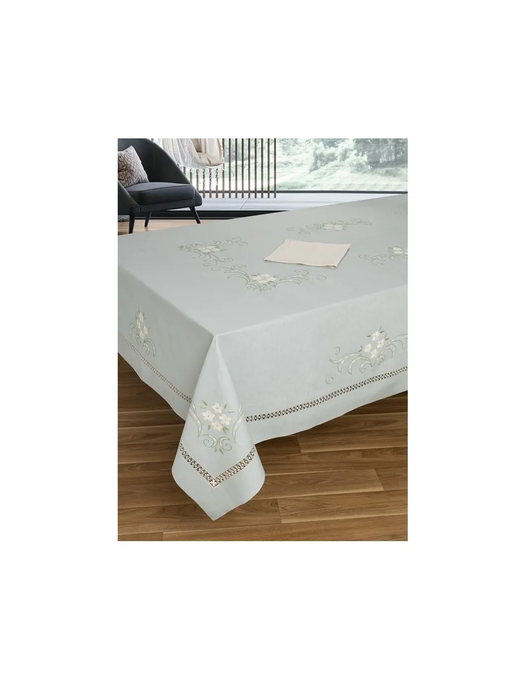 180x275 cm - Toalha de mesa 100% linho bordada a mão + 12 guardanapos 50x50 cm